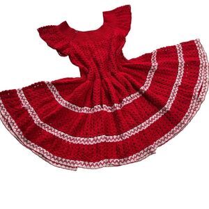 Girls Boho Vintage 1970s Handmade One of a Kind Crocheted Red Pleated Dress